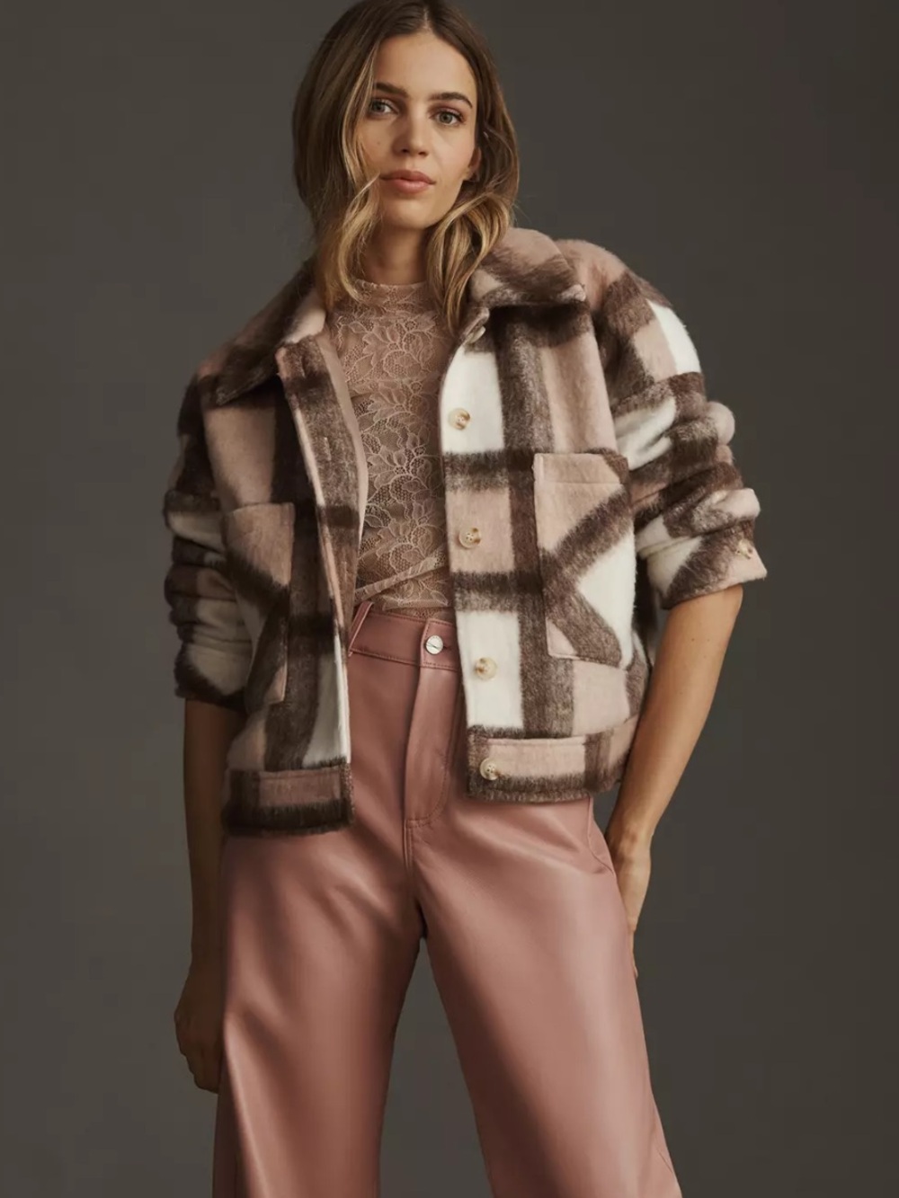 NWT Greylin by Anthropologie Plaid Knit Cropped Shacket size L